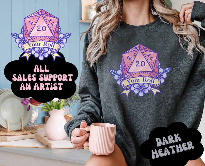 Cute and cozy sweater with D20 Game Dice in pastel colors, sweater color is dark heather