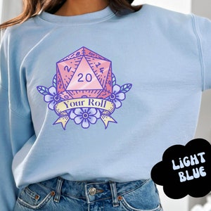 Cute and cozy sweater with D20 Game Dice in pastel colors, sweater color is light blue