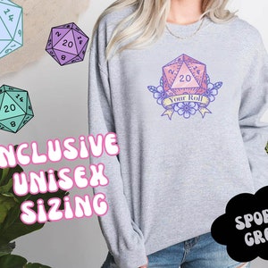 Cute and cozy sweater with D20 Game Dice in pastel colors, sweater color is sport grey