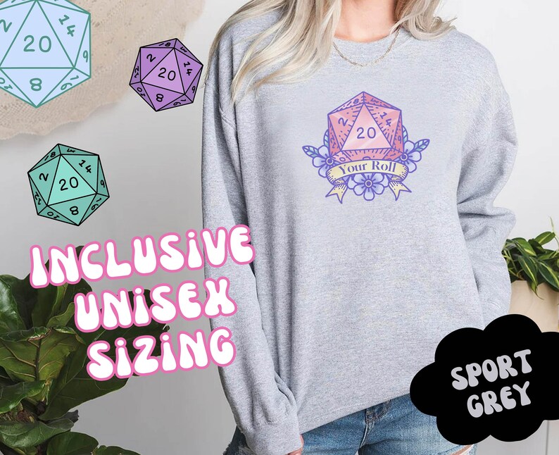 Cute and cozy sweater with D20 Game Dice in pastel colors, sweater color is sport grey