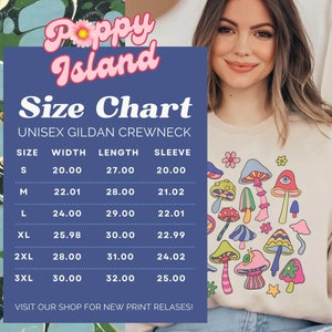 May include: Size chart for a unisex Gildan crewneck sweatshirt with mushroom and flower graphics. The chart lists sizes S through 3XL with corresponding width, length, and sleeve measurements in inches.
