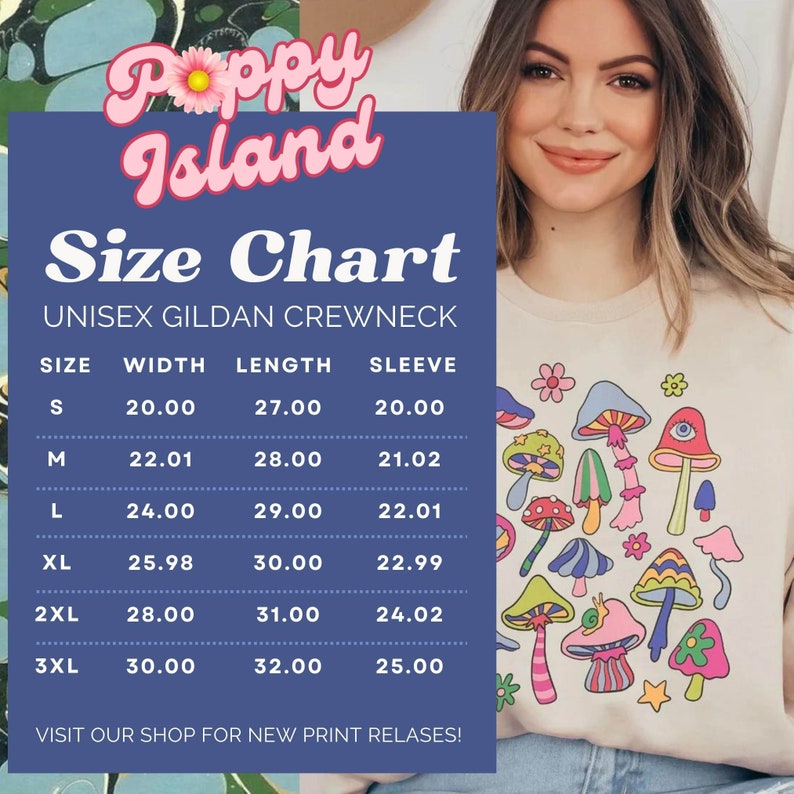 May include: Size chart for a unisex Gildan crewneck sweatshirt with mushroom and flower graphics. The chart lists sizes S through 3XL with corresponding width, length, and sleeve measurements in inches.