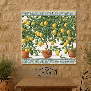 Lemon Grove Tile Mural | Mediterranean Wall Art | Handcrafted Ceramic Decor | Terracotta Pots and Fresh Lemons | Vibrant Mediterranean