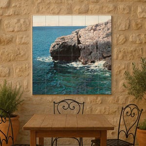 Coastal Cliffs Tile Mural – Ceramic Ocean Scene Panel – Mediterranean Sea Wall Art – Naturalist Marine Decor for Serene Coastal Homes