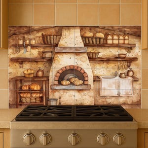 Könnte beinhalten: Eine Küchenrückwandfliese mit einer Aquarellillustration eines rustikalen Brotbackofens mit Brotlaiben. Das Design umfasst Regale mit Körben und Küchenutensilien, die eine warme, einladende Atmosphäre schaffen.