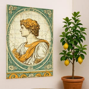May include: A round, black metal table with a tiled top featuring a blue and yellow floral design. A framed tile art piece with a classical portrait hangs on the wall, and a potted lemon tree with ripe lemons stands nearby.