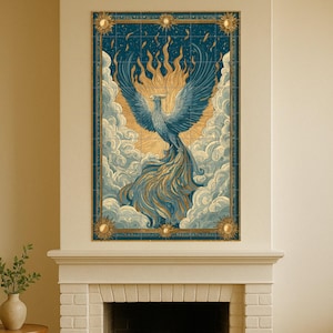 Décoration murale en céramique Phoenix Rising - Art mythologique d'oiseaux de feu, composition de ciel céleste, symbole de la renaissance, motif décoratif doré