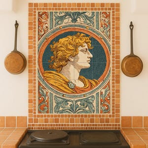 Könnte beinhalten: Eine Küchenrückwand mit einem klassischen Porträt in einem ovalen Rahmen, umgeben von dekorativen Blumen und Schnörkeln. Die Farbpalette umfasst Orange, Blau und Gelb. Zwei Kupferpfannen hängen an der Wand. Unterhalb befindet sich ein weißer Herd mit schwarzen Brennern.