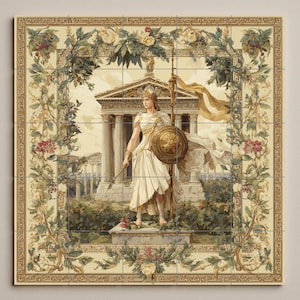 May include: A decorative tile mural depicting Athena, the Greek goddess, in a white gown, holding a spear and shield. A classical temple is in the background. The border features floral and geometric designs. The artwork is reminiscent of ancient Greek art.