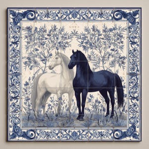 Equestrian Tile Mural | Black and White Horses with Floral Motifs | Mediterranean Wall Art | Handcrafted Ceramic Accent | Elegant Decor