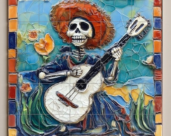 Glazed 4” Square Tile of Day of the Dead Dia De Los Muertos Surfer