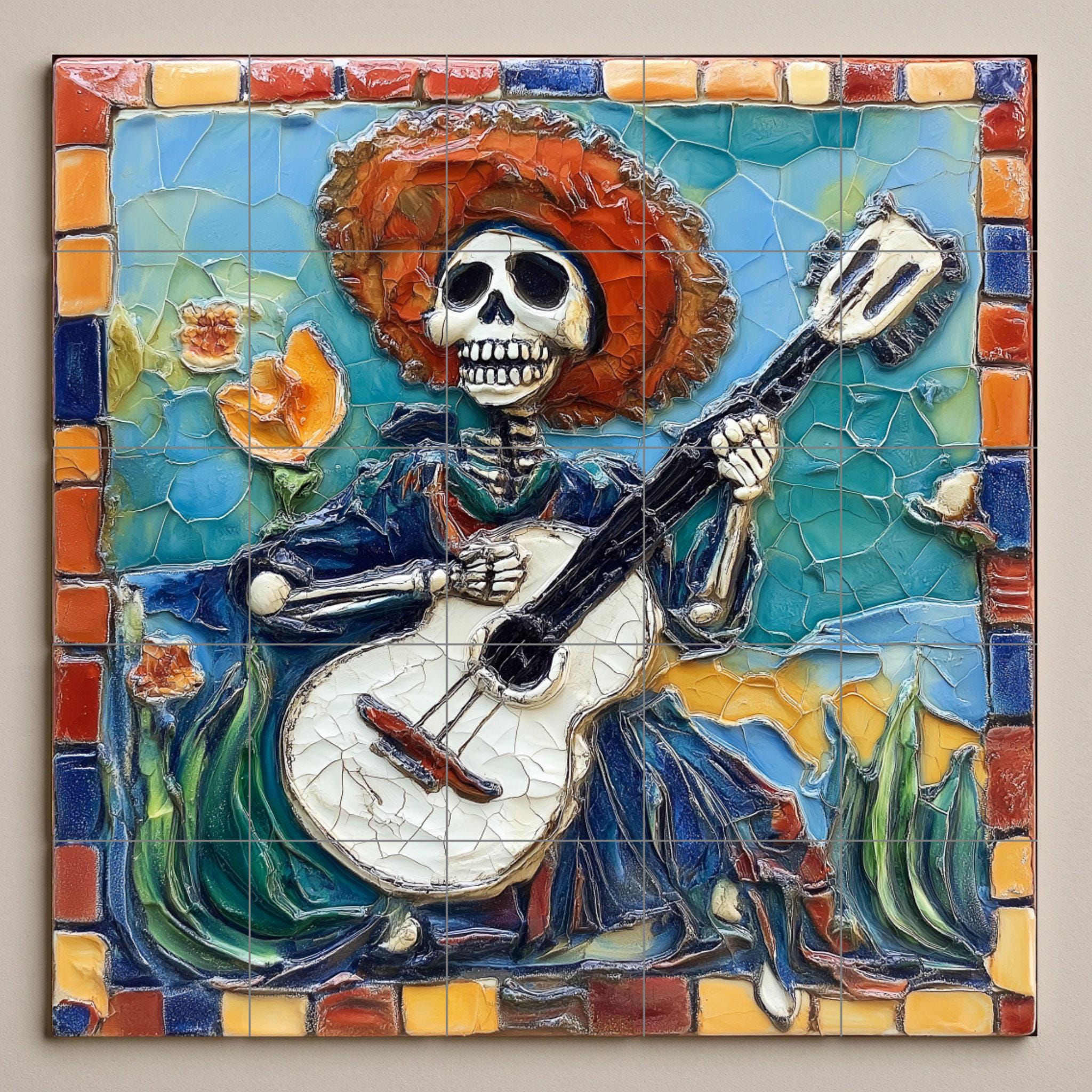 Dia De Los Muertos Tile Mural | Mexican Folk Art Decor
