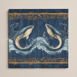 Blue whale ceramic wall mural with ocean waves and golden ornamental border, marine life tile art, nautical handmade coastal decor