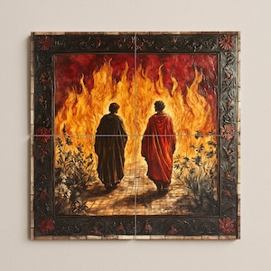 Puede incluir: Obra de arte de cuatro paneles que representa a dos figuras con túnicas caminando hacia un fondo de fuego. Una figura viste de marrón oscuro, la otra de rojo. La obra tiene un marco negro decorativo con detalles florales y un camino de piedra.