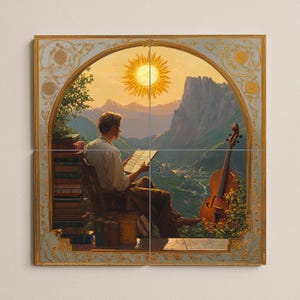 May include: A framed art print showing a man reading music, seated in a chair, with a violin and a mountain landscape. The artwork has a warm colour palette with a bright sun and a decorative gold border.