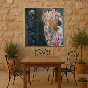 May include: A wooden table and wrought iron chairs are set on a stone patio, with potted plants on either side. A large artwork depicting a colorful, figurative painting is mounted on the stone wall, adding a touch of art to the outdoor space.