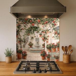 Andalusian Patio Tile Mural | Mediterranean Courtyard Decor | Floral Wall Art | Terracotta and Fountain Scene | Ceramic Tile Accent