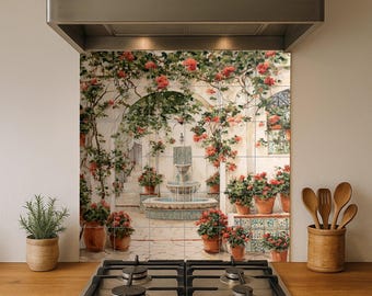 May include: A kitchen backsplash featuring a scenic courtyard design with a fountain, potted plants, and climbing flowers. The artwork is installed above a gas stove and is framed by a stainless steel range hood.