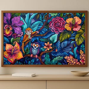 May include: A framed artwork featuring a vibrant jungle scene with colorful flowers, lush foliage, and two monkeys. The artwork's color palette includes shades of blue, purple, orange, and green, creating a lively and tropical aesthetic.