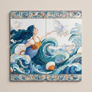 Ocean Goddess Tile Mural | Nautical Wall Art | Handcrafted Ceramic Decor | Marine Borders and Flowing Waves | Ethereal Ocean Scene