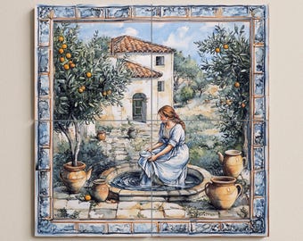 Mediterranean Courtyard Ceramic Mural – Rustic Mosaic with Woman at Fountain, Orange Trees, Clay Jars, Country House and Pastoral Tile Art