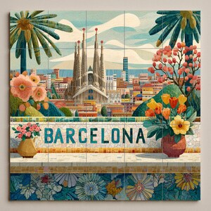 Barcelona Fliesenbild – Sagrada Família Stadtansicht mit Blumen – Mosaikstil Keramikplatte – Spanische Reisekunst für helle Innenräume