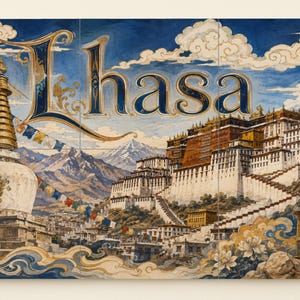 Murale in piastrelle di ceramica del Palazzo Potala di Lhasa, con bandiere di preghiera tibetane e stupa.
