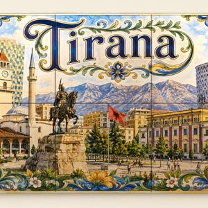 May include: A rectangular ceramic tile mural featuring the word Tirana in blue script. The scene depicts a city square with a bronze equestrian statue, a clock tower, a red flag, and modern buildings against a mountain backdrop, framed by floral art.