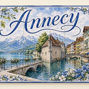 May include: A decorative tile panel featuring a watercolor painting of Annecy, France. The artwork depicts a lake, mountains, buildings, and the word "Annecy" in blue script. Floral and scroll border.