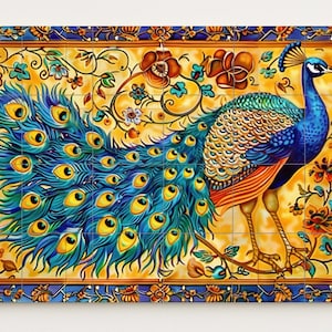 May include: A vibrant, hand-painted tile featuring a peacock with a long, flowing tail. The peacock is depicted in shades of blue, green, and orange against a yellow background with floral accents. The tile is framed with a decorative border.