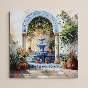 Puede incluir: Una obra de arte de cuatro paneles que representa una escena de patio sereno. Una fuente azul es el punto focal, sobre un fondo de una puerta arqueada con intrincados azulejos azules. Las plantas en macetas y las flores en macetas de terracota añaden color vibrante.