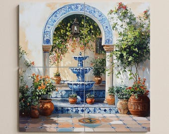 May include: A four-panel artwork depicting a serene courtyard scene. A blue fountain is the focal point, set against a backdrop of an arched doorway with intricate blue tilework. Potted plants and flowers in terracotta pots add vibrant color.