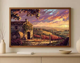 Tuscan Sunset vineyard tile mural • Rustic wine barrels and golden vines • Mediterranean countryside wall art with soft sunset glow