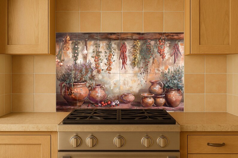 Wall-mounted ceramic artwork of traditional herbs and spices, garlic strings, and sun-dried produce over earthenware jugs.