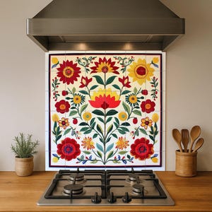 Hungarian Folk Ceramic Mural – Kalocsa Embroidery Inspired Floral Tile Artwork with Colorful Blossoms and Heritage Decorative Elegance