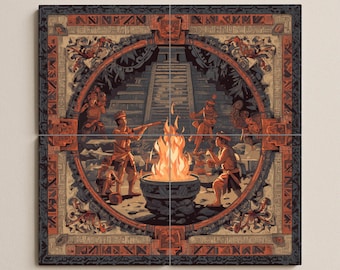 マヤの火の儀式タイル壁画 - 寺院と儀式の踊りを描いた古代の壁