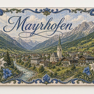 Könnte beinhalten: Dekorative Fliese mit einer malerischen Ansicht von Mayrhofen, Österreich, mit Kirche, Gebäuden und Bergen. Der Name der Stadt ist in eleganter Schrift geschrieben. Die Fliese hat einen blau-weißen Blumenrand.