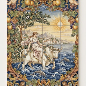 May include: Decorative tile panel featuring a classical scene. A woman in a white gown rides a white bull through water, with dolphins. The background shows a coastal town, mountains, and a sun. The border has cherubs, fruit, and ornate scrollwork.