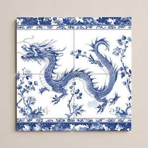 May include: A blue and white ceramic tile set featuring a detailed illustration of a dragon. The dragon is depicted in a traditional style, with intricate scales and flowing lines. Floral patterns and decorative borders complete the design.