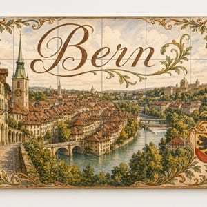 May include: A rectangular tile featuring a detailed watercolor painting of Bern, Switzerland. The artwork depicts the city's architecture, a river, and bridges, with the word "Bern" in elegant script. Decorative floral borders frame the image.