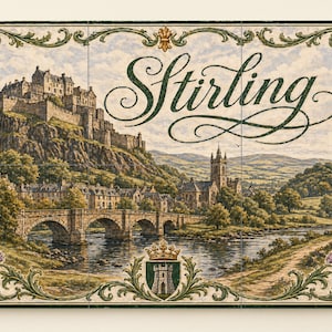 Puede incluir: Azulejo decorativo con un paisaje detallado de Stirling, Escocia, con un castillo en una colina, un puente y la palabra "Stirling" en escritura elegante. El borde incluye cardos y adornos verdes.