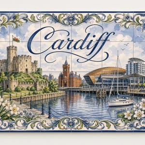 May include: A decorative tile featuring a watercolor illustration of Cardiff, Wales. The image includes Cardiff Castle, a waterfront scene with a sailboat, and the city's name in elegant script. The tile is framed with floral and scrollwork designs.