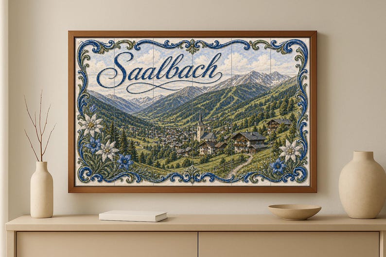 Saalbach Austria Ceramic Tile Mural, Alpine Mountain Village and ...