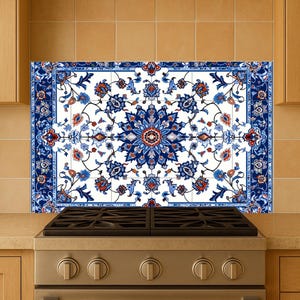 Decorative tile mural in Safavid-inspired pattern with blue-and-coral blossoms and formal symmetry—great for artistic kitchen settings.