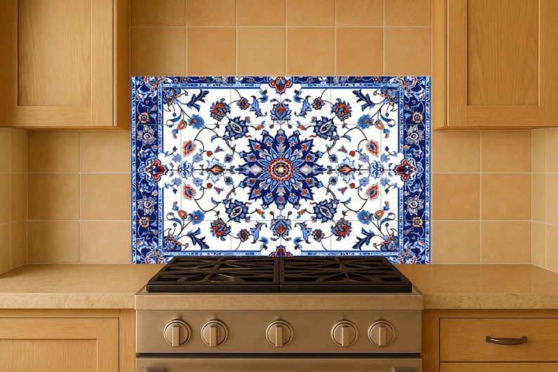 Decorative tile mural in Safavid-inspired pattern with blue-and-coral blossoms and formal symmetry—great for artistic kitchen settings.