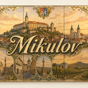 May include: A rectangular wall art print featuring the word Mikulov in gold script. The image displays a panoramic view of the Mikulov castle on a hill, a church, town streets, a monument, and vineyards, all framed by ornate gold grape vine borders.