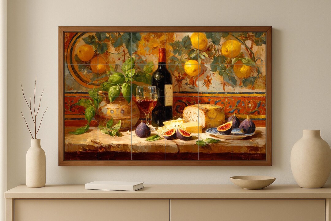 set of three mediterranean kitchen prints | framed... Mediterranean Kitchen Mural • Still Life Tile Panel With Lemons, Wine ...