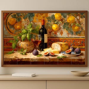 Mediterranean kitchen mural • Still life tile panel with lemons, wine & cheese • Italian rustic food art • Tuscan ceramic decor