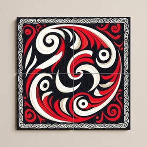 May include: A four-panel artwork with a symmetrical design in red, white, and black. The central motif is a swirling pattern with circular elements, framed by a white border with a chain-like design. The artwork is mounted on a neutral background.