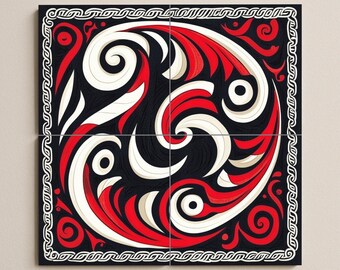 Dynamic Abstract Ceramic Mural – Swirling Red and Black Wall Art, Decorative Tile Set, Geometric Patterned Accent, Modern Bold Design